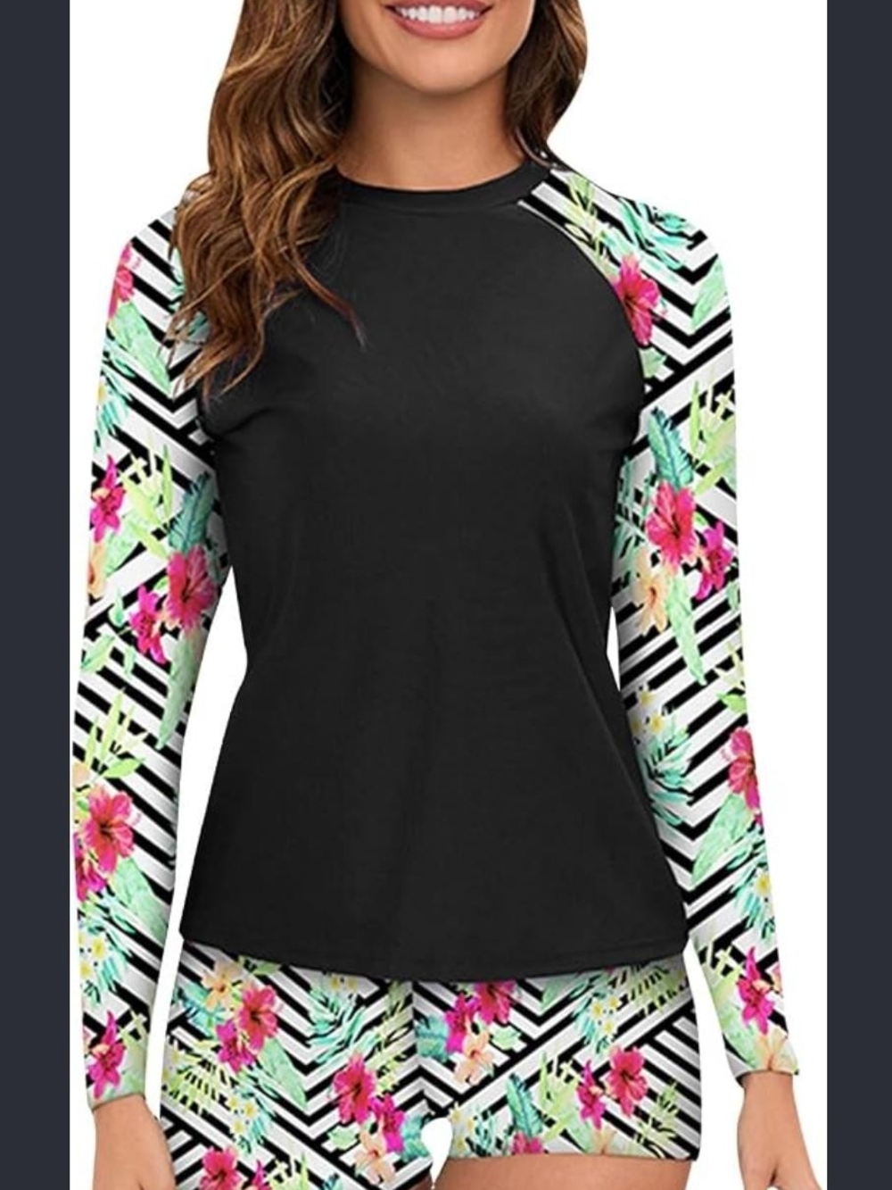 Crew Neck Two Piece Womens Rash Guard Swimsuit-Black And Striped Leaves